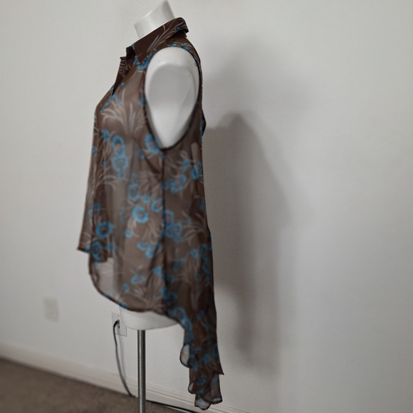 Cecico Sheer Brown Floral Academia Collared Button Down Hi-Lo Hem Top Size L - Picture 5 of 14